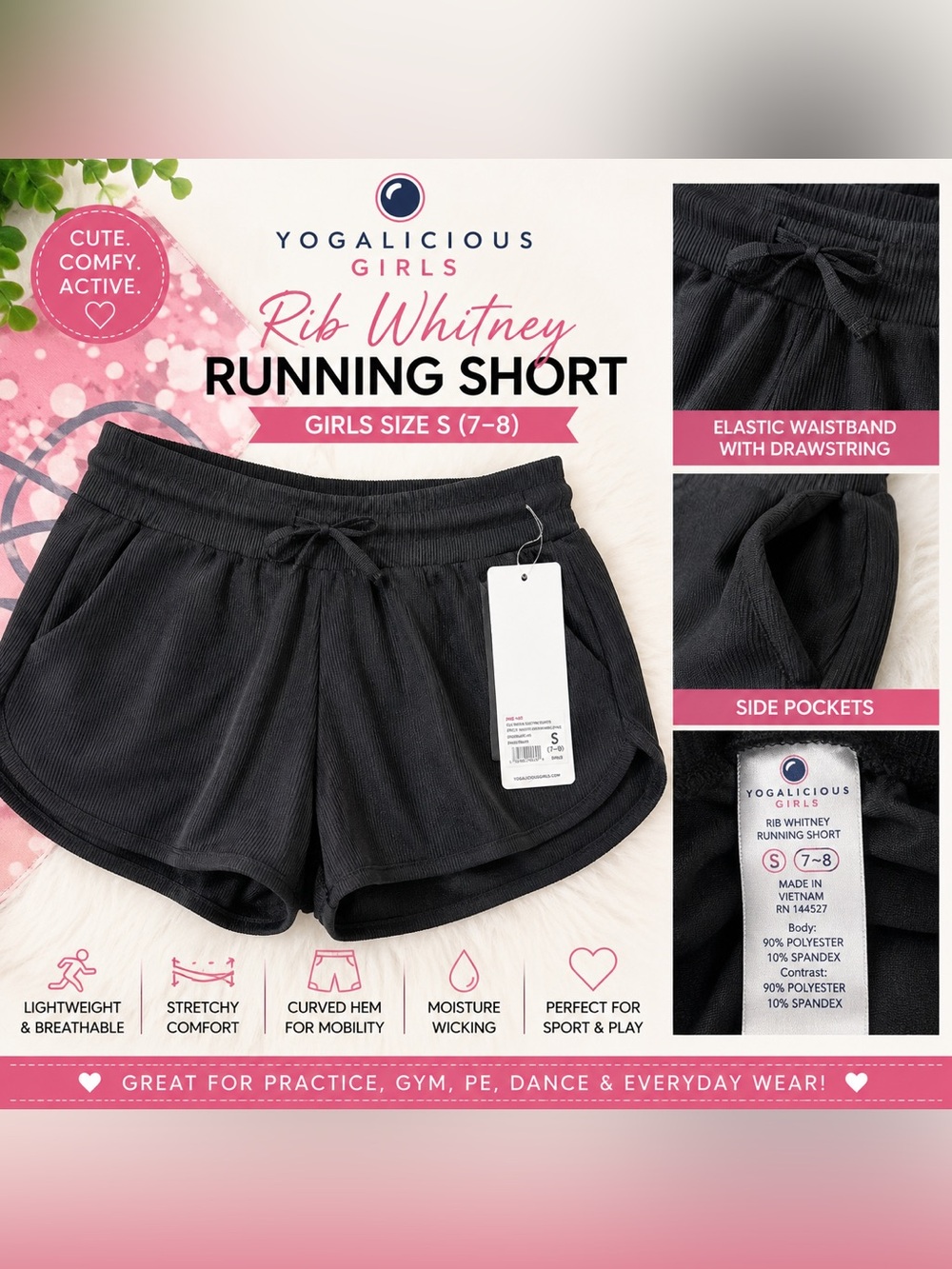 Yogalicious Girls Rib Whitney Running Shorts Black Size 7–8 NWT